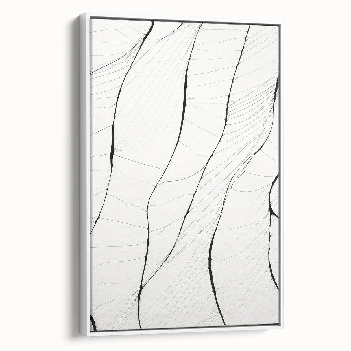 Framed canvas wall art showcasing an abstract minimalist design with soft white tones and geometric shapes, elegantly displayed in a contemporary setting.