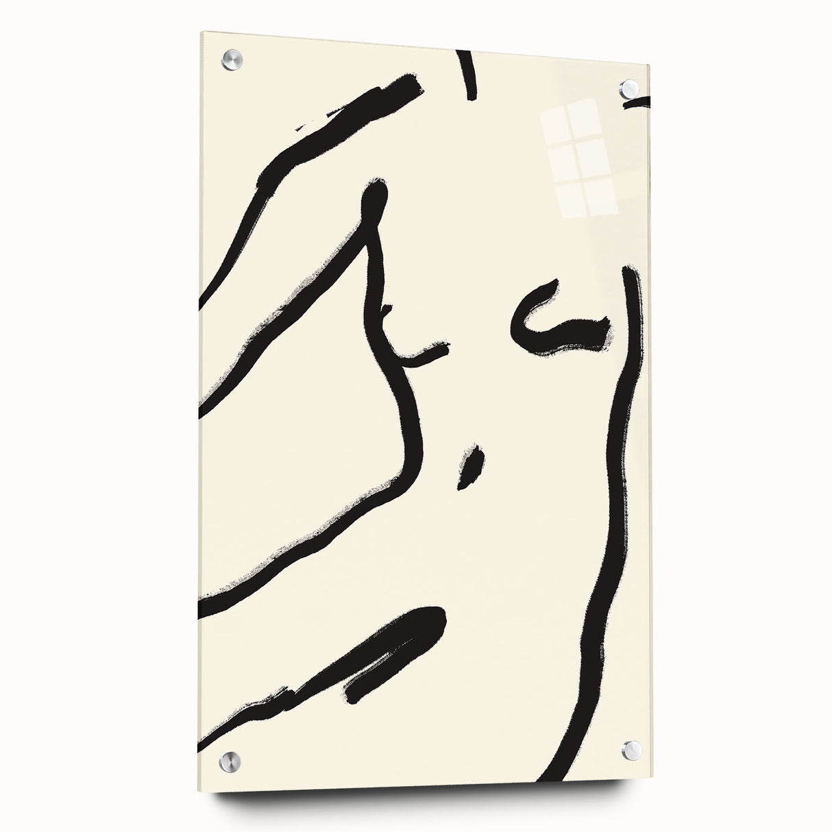 Abstract minimalist wall art collection displayed in a modern setting, showcasing vibrant acrylic glass with a sleek side view and elegant pins, perfect for contemporary decor.