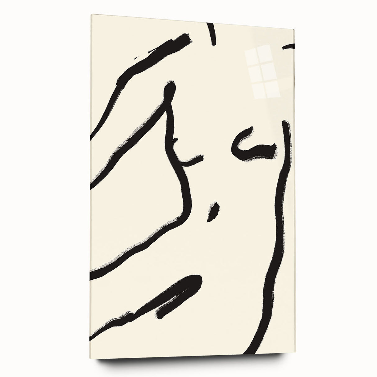 Acrylic glass wall art showcasing a minimalist abstract design in soft pastel colors, displayed at an angle to highlight its sleek edges and modern aesthetic. Ideal for contemporary home decor, this piece reflects elegance and simplicity, perfect for enhancing any room's ambiance.