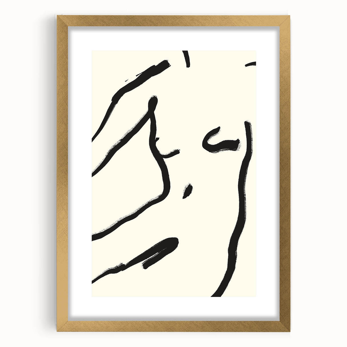 Abstract minimalist design wall art featuring a gold frame and mat, showcasing a modern aesthetic. Perfect for stylish home decor and interior design enhancement.