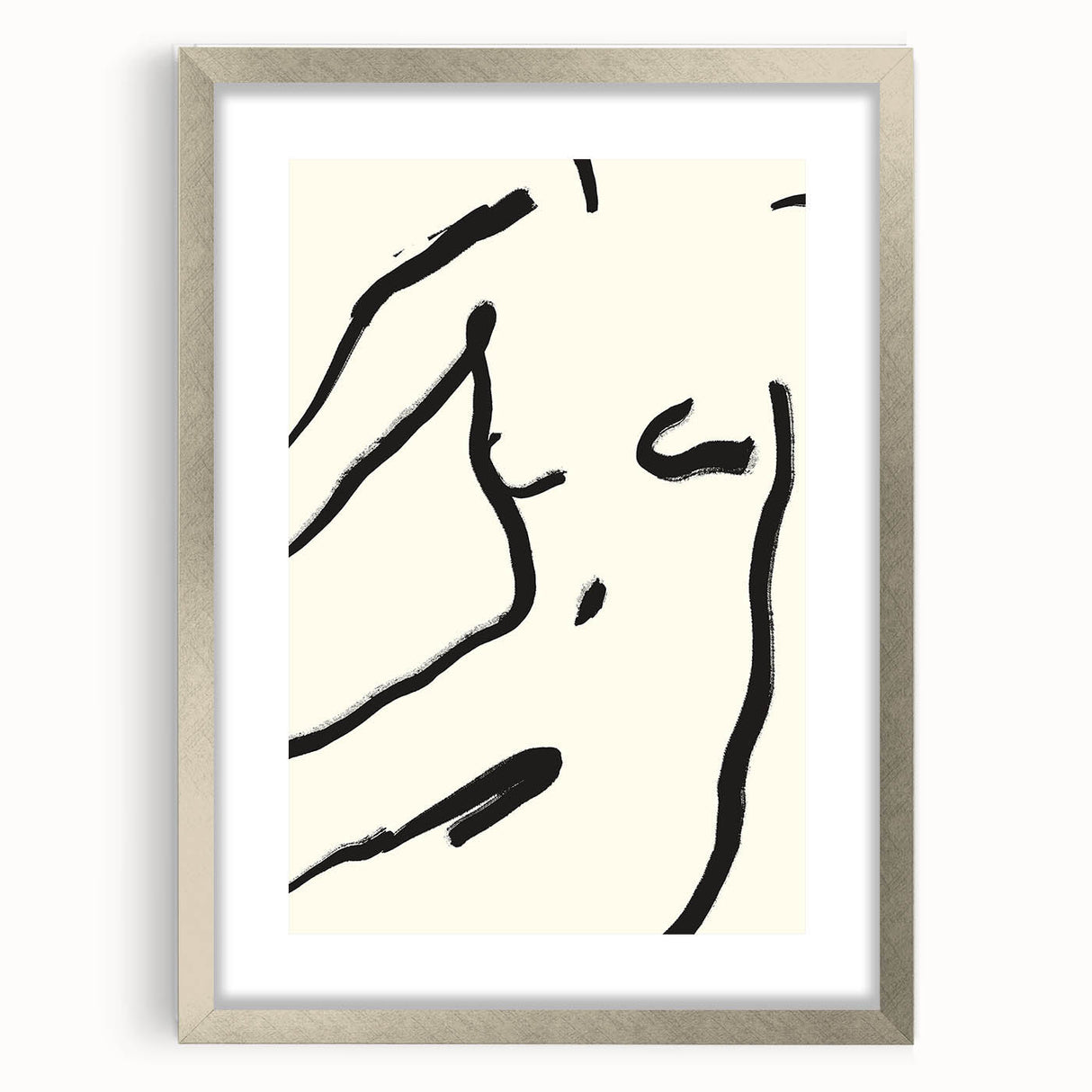 Abstract minimalist wall art featuring a silver frame with a mat, showcasing a modern design perfect for contemporary home decor. The artwork adds elegance to any room setting.