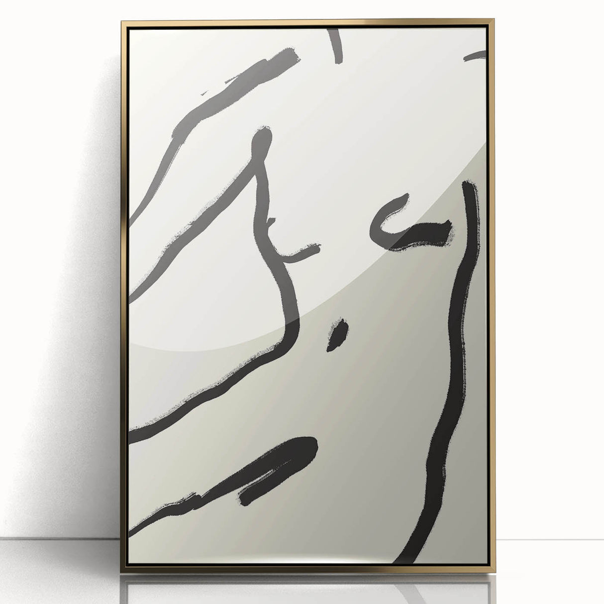 Framed abstract minimalist wall art featuring a gold-accented design, elegantly displayed to enhance modern interior decor with its sophisticated aesthetic.
