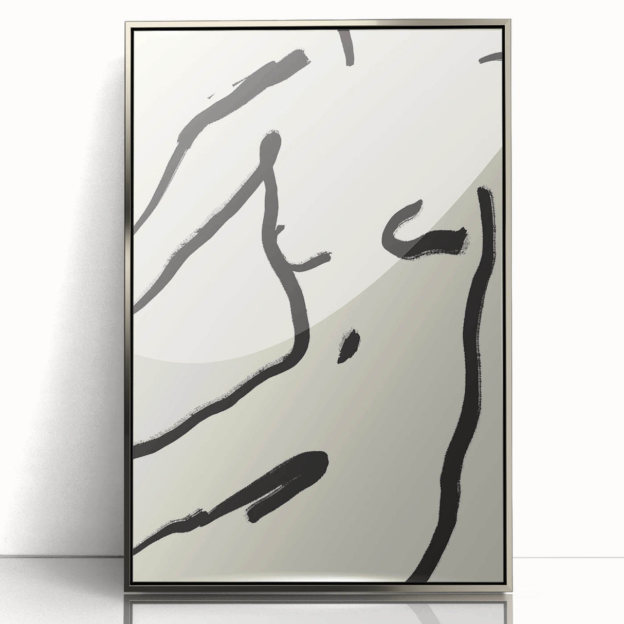 Framed abstract minimalist wall art design in silver acrylic, showcasing geometric patterns and neutral tones, ideal for modern home decor and artistic aesthetics.