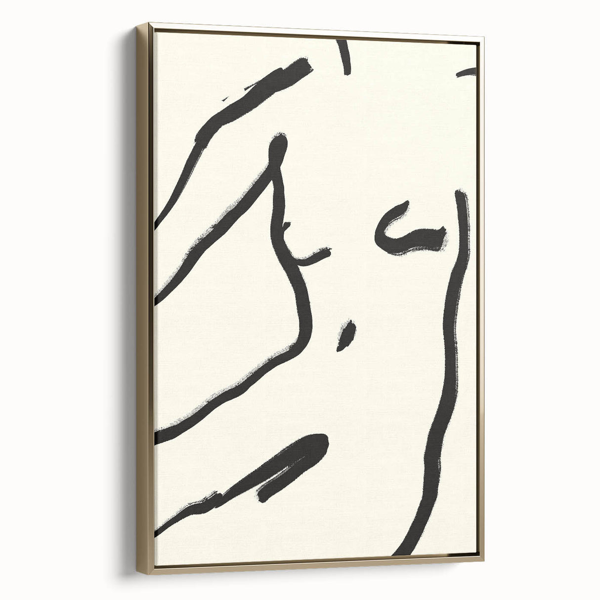 Framed abstract minimalist wall art featuring a gold and black design, showcasing a sleek side view that highlights its elegant aesthetic and modern decor appeal.