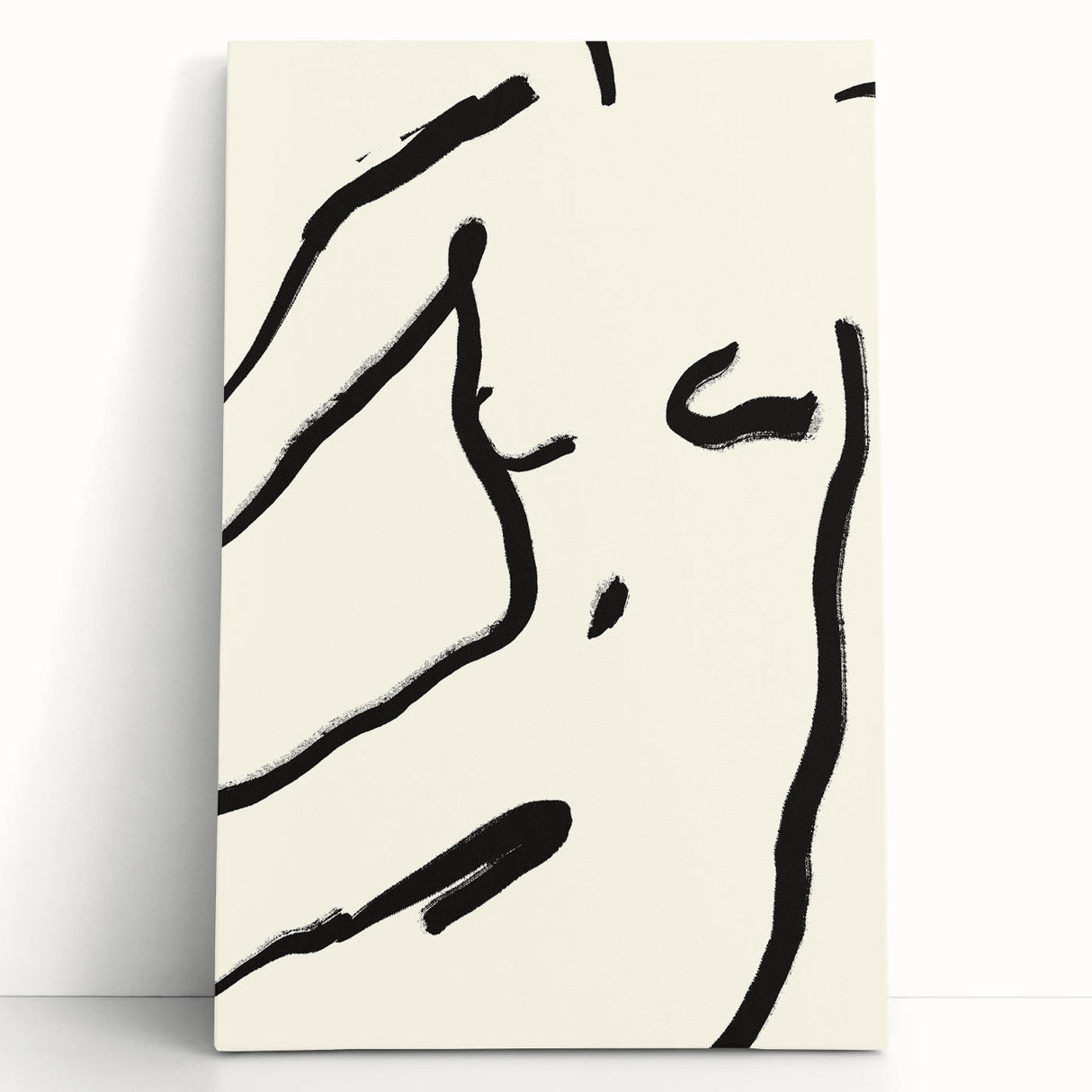 Abstract minimalist wall art design featuring a stretched canvas with soft pastel colors and geometric shapes, leaning against a neutral wall, perfect for modern decor.