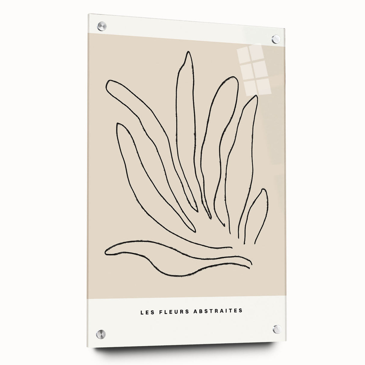 Abstract minimalist wall art collection featuring acrylic glass in a side view, showcasing vibrant colors and unique design elements, secured with decorative pins.