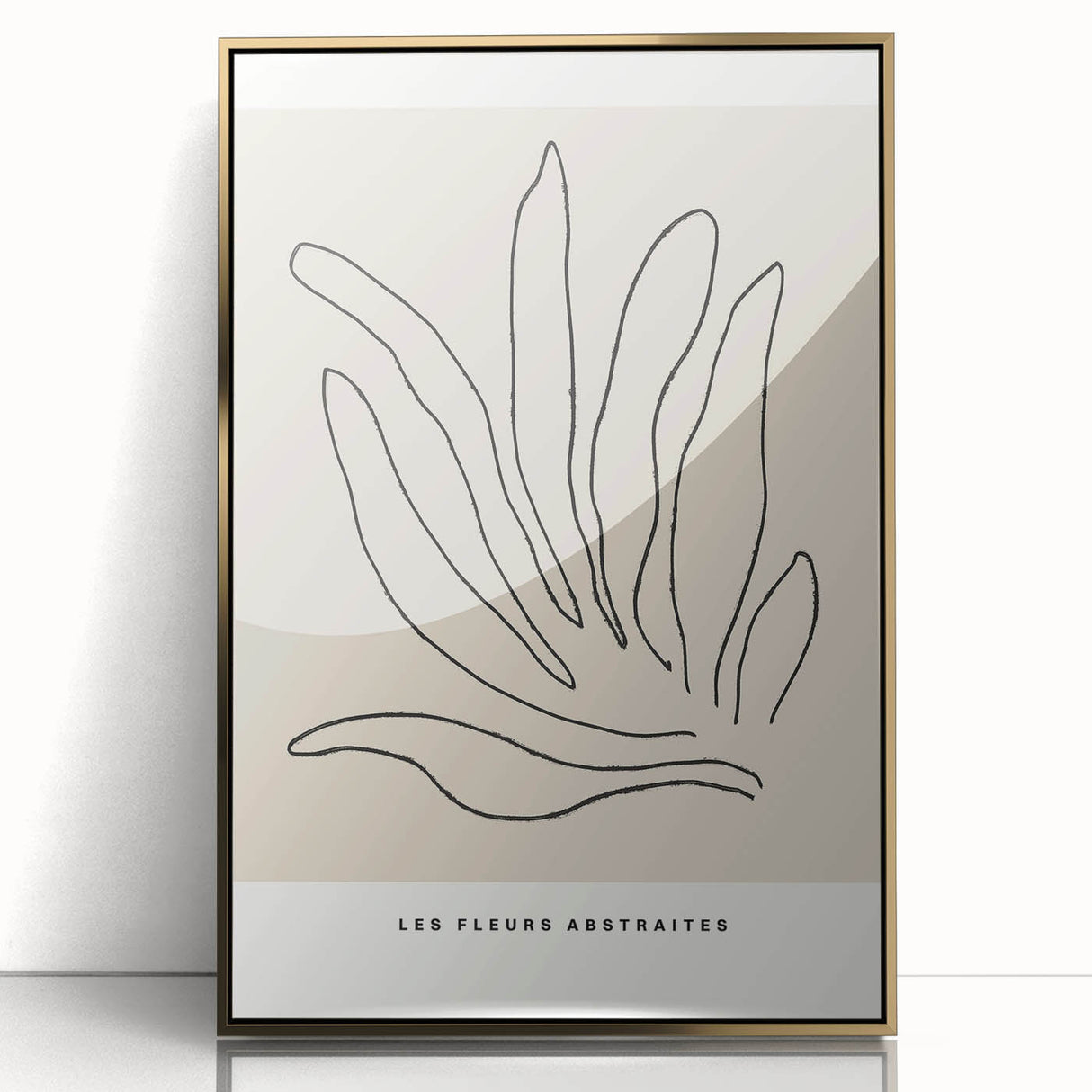 Framed acrylic wall art featuring an abstract minimalist design with gold accents, ideal for modern decor, showcasing sleek lines and a stylish front view.