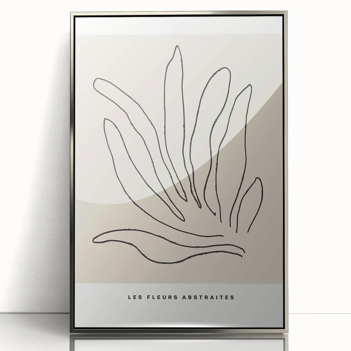 Framed abstract minimalist wall art in silver with a sleek acrylic front, showcasing geometric patterns and elegant lines, perfect for modern home decor.