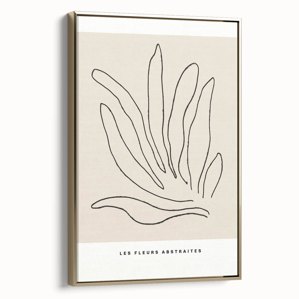 Framed canvas wall art showcasing an abstract minimalist design with gold accents, displayed in a modern setting, perfect for stylish home decor.
