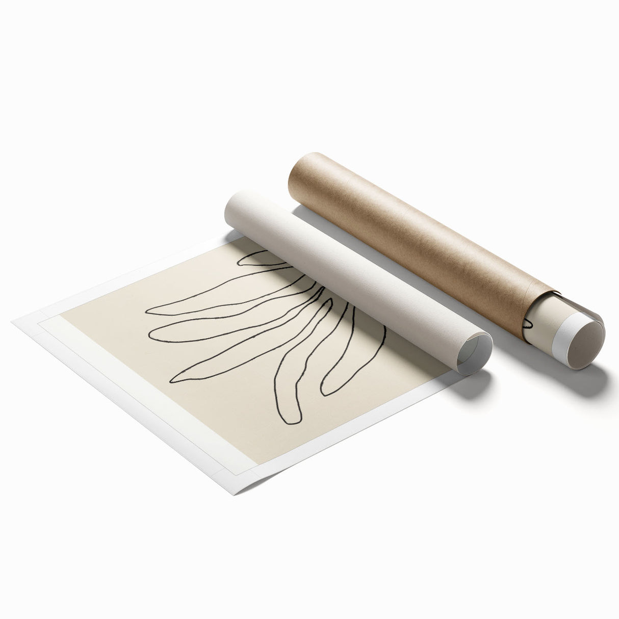 Abstract minimalist wall art design showcasing soft earth tones and geometric shapes, rolled for easy shipping in a protective cardboard tube. Ideal for modern home decor.