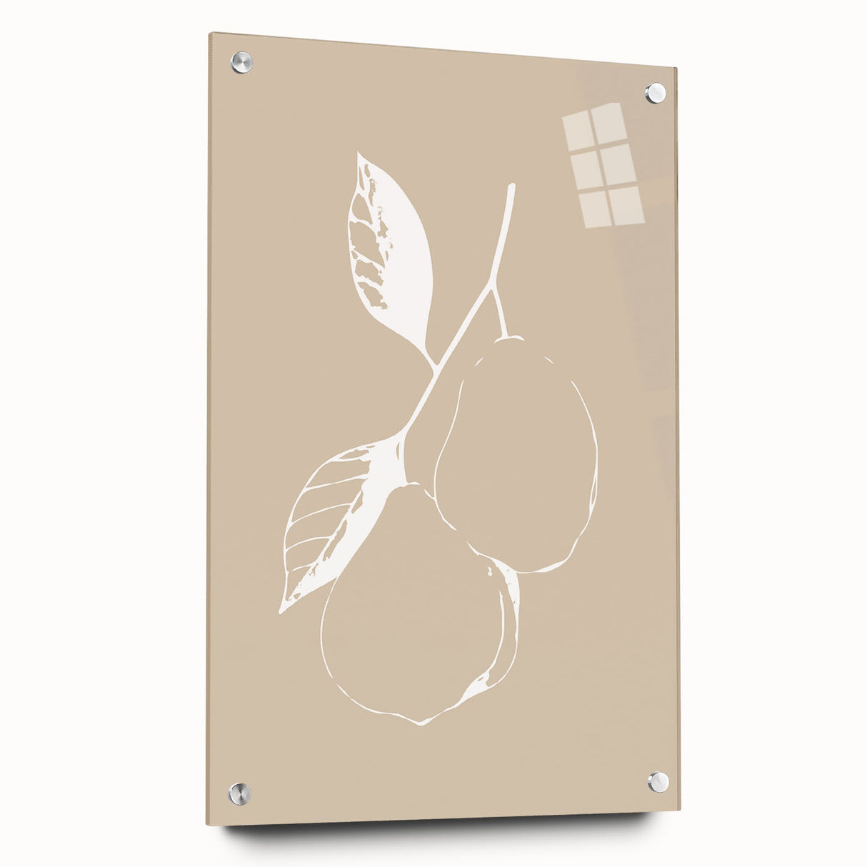 Abstract minimalist wall art collection displayed on acrylic glass, showcasing a side view with silver pins, perfect for modern decor.