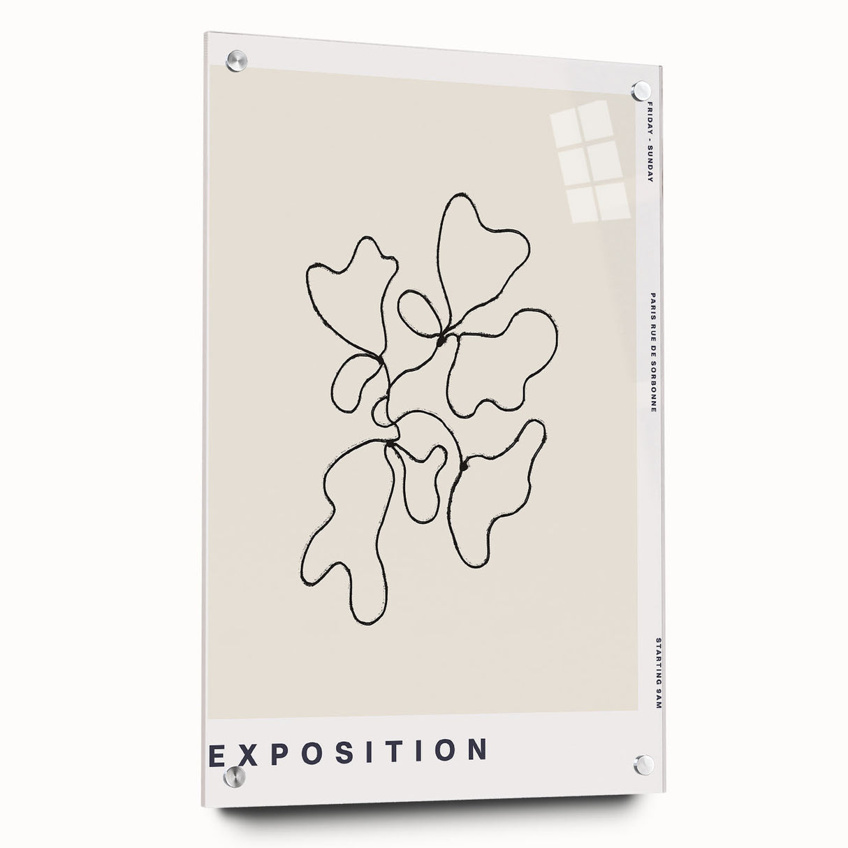 Abstract minimalist wall art design featuring a side view of an acrylic glass piece with pins, showcasing a sleek, modern aesthetic perfect for contemporary decor.