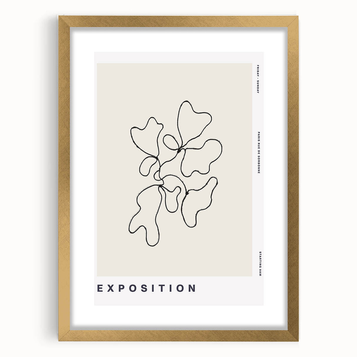 Abstract minimalist wall art featuring a gold-framed design with a mat, showcasing geometric shapes and soft color tones, perfect for modern home decor.