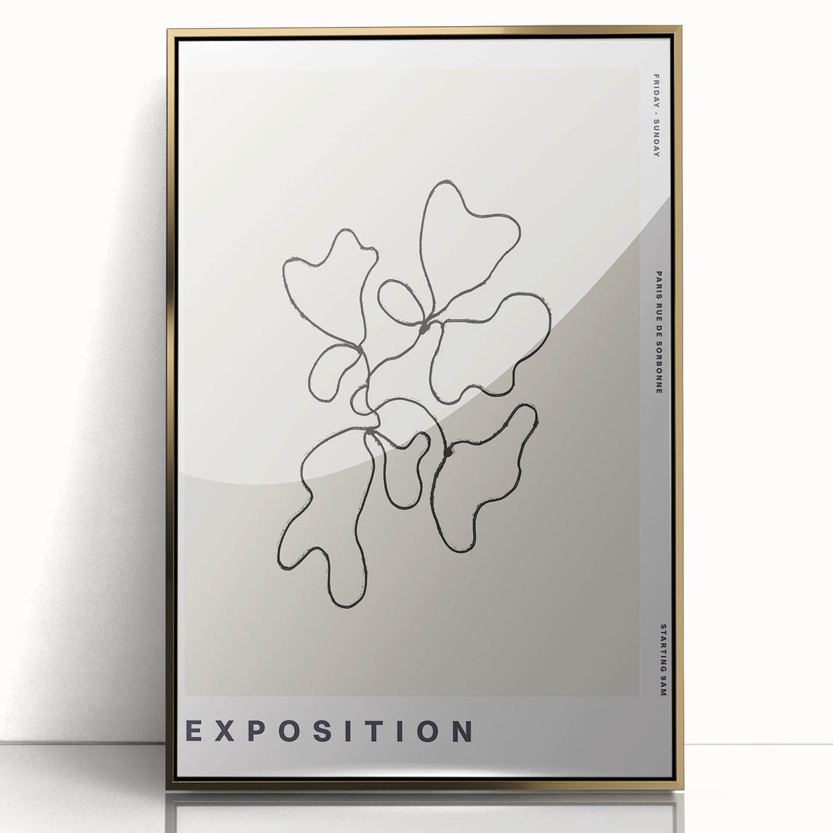 Framed acrylic wall art featuring an abstract minimalist design with gold accents, perfect for modern home decor and enhancing interior aesthetics.