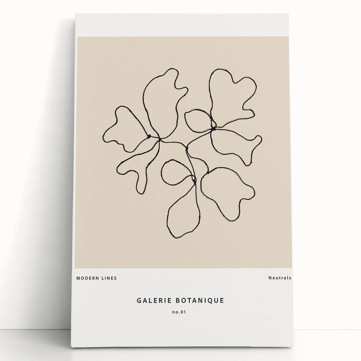 Abstract minimalist wall art design featuring soft pastel colors and geometric shapes, printed on a stretched canvas, leaning against a neutral wall for display.