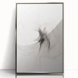 Framed abstract minimalist wall art design featuring a sleek silver frame, showcasing geometric shapes and muted colors, ideal for modern decor.