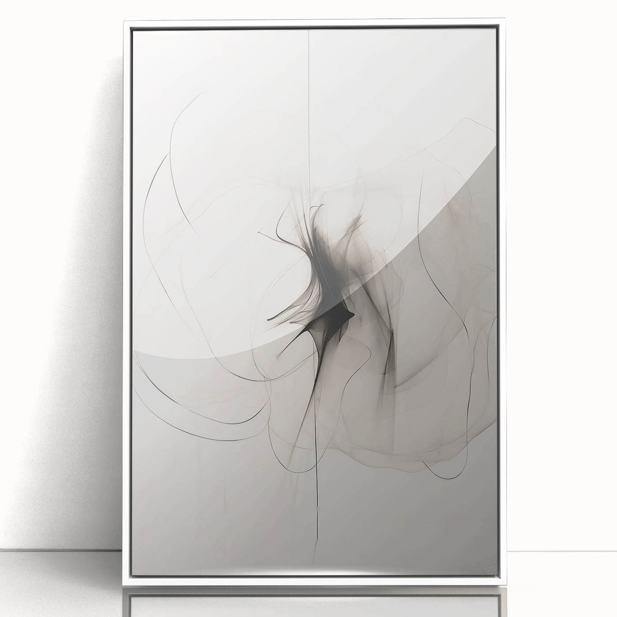 Framed acrylic wall art featuring an abstract minimalist design in soft blue and white tones, showcasing a modern aesthetic perfect for contemporary decor.