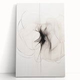 Abstract minimalist wall art design featuring a stretched canvas with soft, muted colors and geometric shapes, elegantly leaning against a neutral wall, perfect for modern decor.