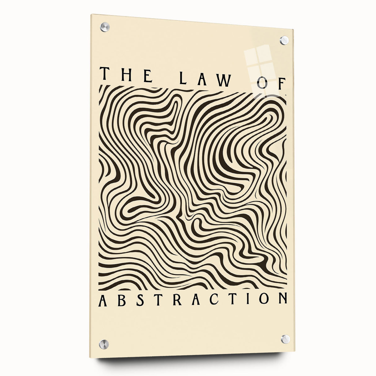 Abstract minimalist wall art design featuring a vibrant acrylic glass frame, displayed with decorative pins against a neutral background, emphasizing modern aesthetics.