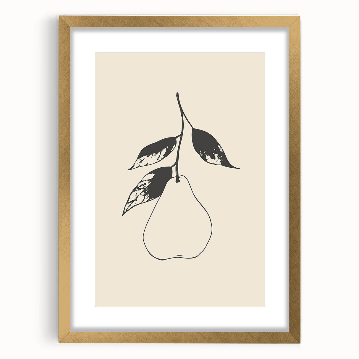 Framed abstract minimalist wall art in gold, showcasing a sleek design with a mat, perfect for modern home decor or office spaces.