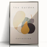 Framed acrylic wall art featuring an abstract minimalist design with a silver frame, showcasing geometric shapes in muted colors, perfect for modern decor.