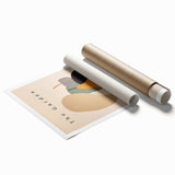 Abstract minimalist wall art print showcasing a blend of soft pastel colors and geometric shapes, rolled and ready for display in a modern decor setting.