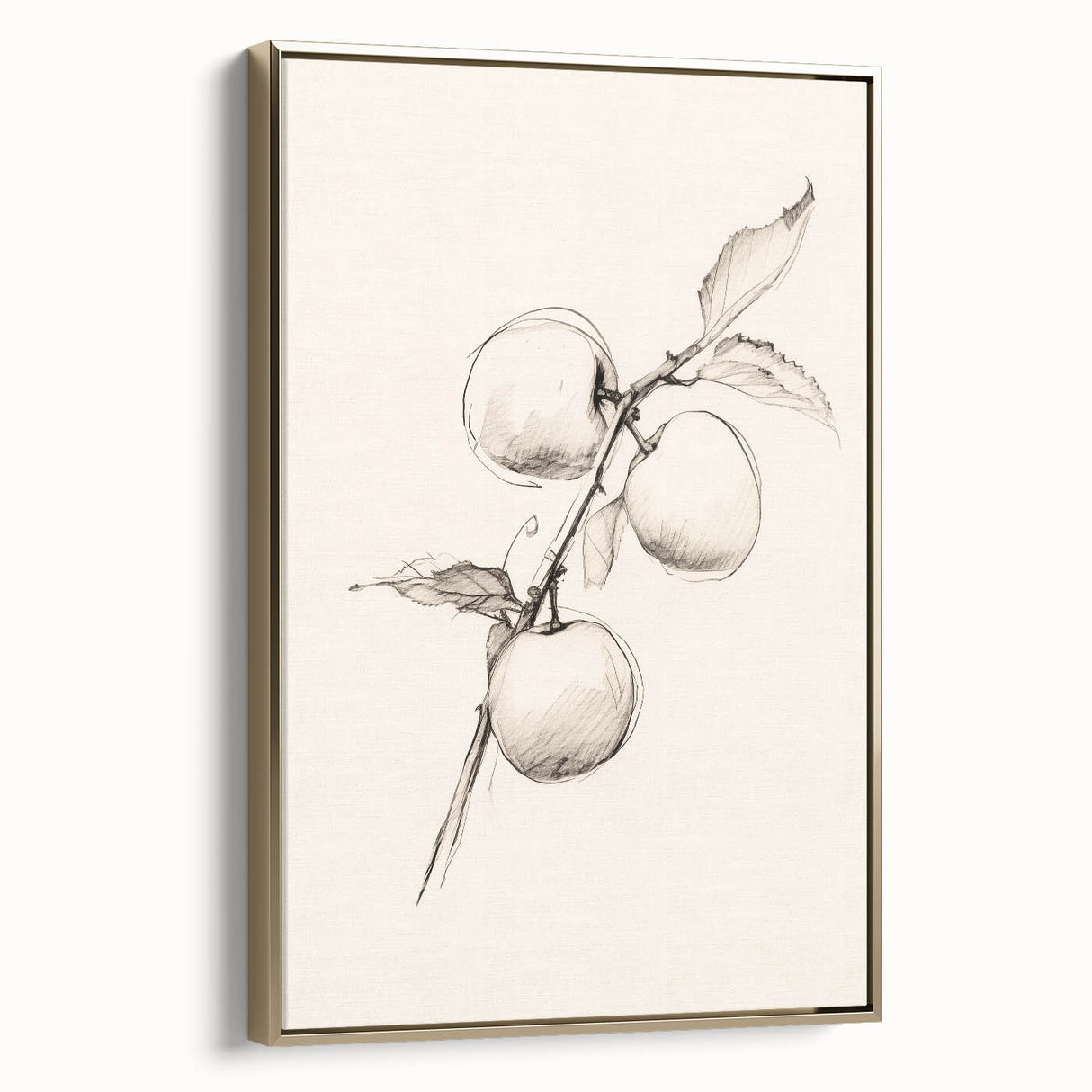 Framed minimalist wall art in gold tones, showcasing an abstract design with elegant lines and shapes, perfect for modern home decor. Side view highlights the canvas texture and frame details.