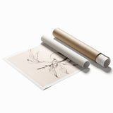 Abstract minimalist wall art print showcasing a serene blue and beige design, rolled and packaged in a protective cardboard tube for easy shipping and display.