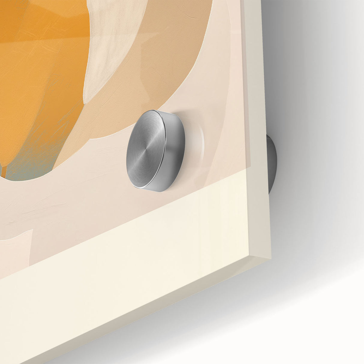 Close-up view of an abstract minimalist wall art piece showcasing vibrant colors and geometric shapes, printed on acrylic glass, ideal for modern decor.