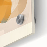 Close-up view of an abstract minimalist wall art piece showcasing vibrant colors and geometric shapes, printed on acrylic glass, ideal for modern decor.