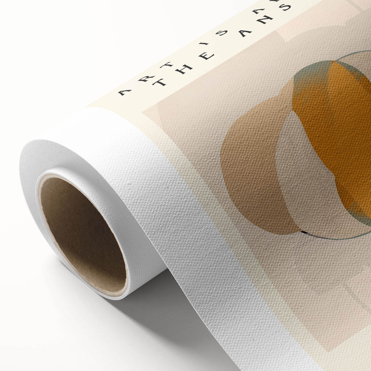 Abstract minimalist wall art design on rolled canvas, showcasing soft pastel colors and geometric patterns, perfect for modern home decor. Packaged securely in a cardboard tube for safe delivery.