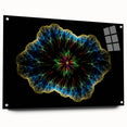 Abstract minimalist wall art collection displayed in a contemporary setting, showcasing vibrant colors and geometric shapes in acrylic glass, mounted with visible pins for an elegant presentation.