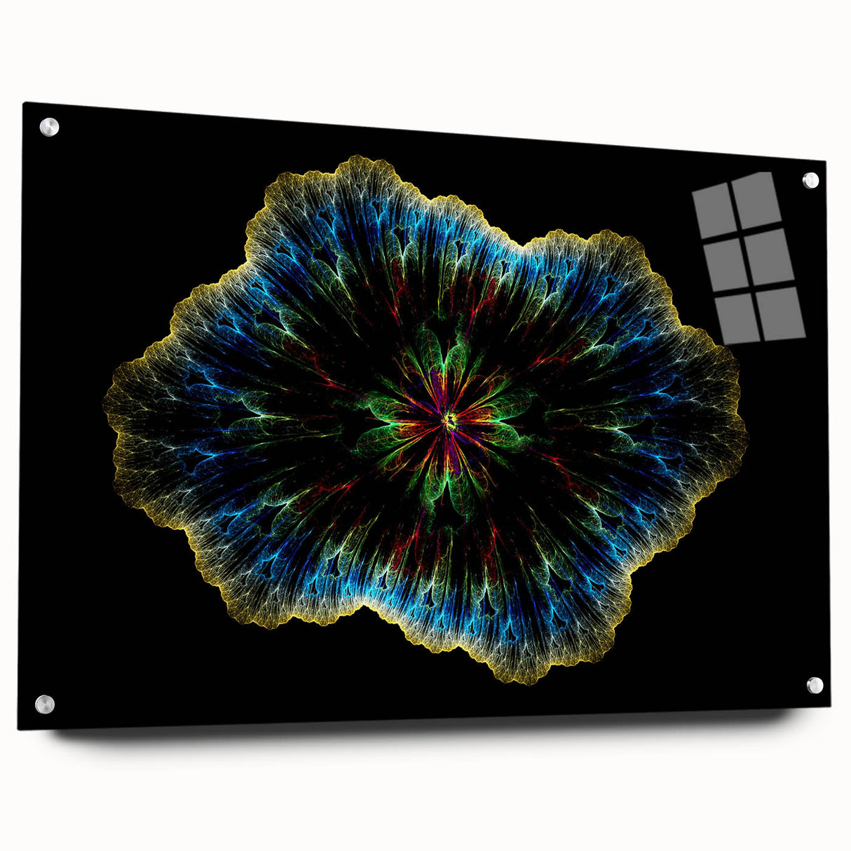 Abstract minimalist wall art collection displayed in a contemporary setting, showcasing vibrant colors and geometric shapes in acrylic glass, mounted with visible pins for an elegant presentation.