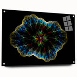Abstract minimalist wall art collection displayed in a contemporary setting, showcasing vibrant colors and geometric shapes in acrylic glass, mounted with visible pins for an elegant presentation.