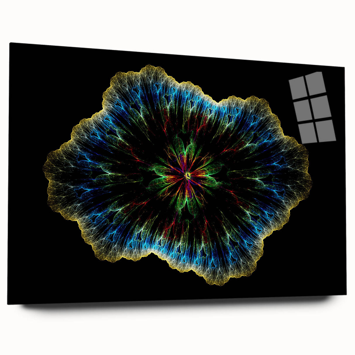 Abstract minimalist wall art collection displayed on acrylic glass, showcasing a sleek side view with subtle color gradients and modern design elements. This artwork is ideal for contemporary home decor, enhancing any space with elegance and style.