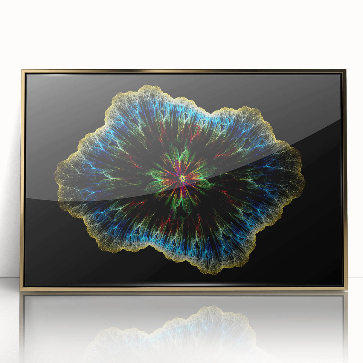 Framed abstract minimalist wall art design showcasing a gold-accented acrylic front, perfect for modern home decor. Ideal for enhancing artistic spaces.