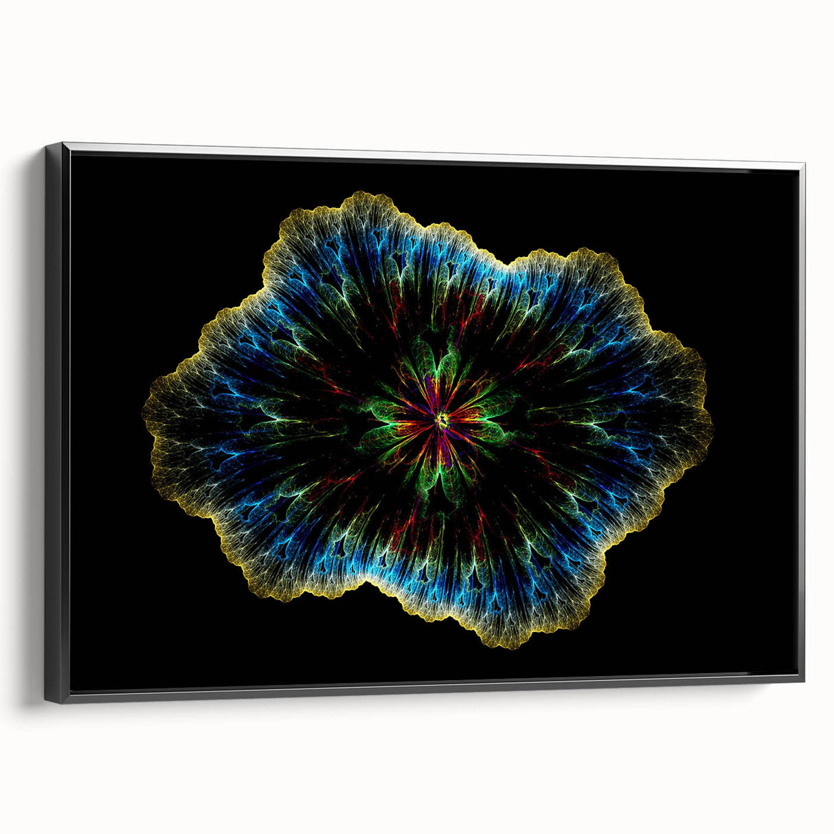 Framed black canvas featuring an abstract minimalist design with geometric shapes, showcasing a modern aesthetic in a side view display, perfect for contemporary interior decor.