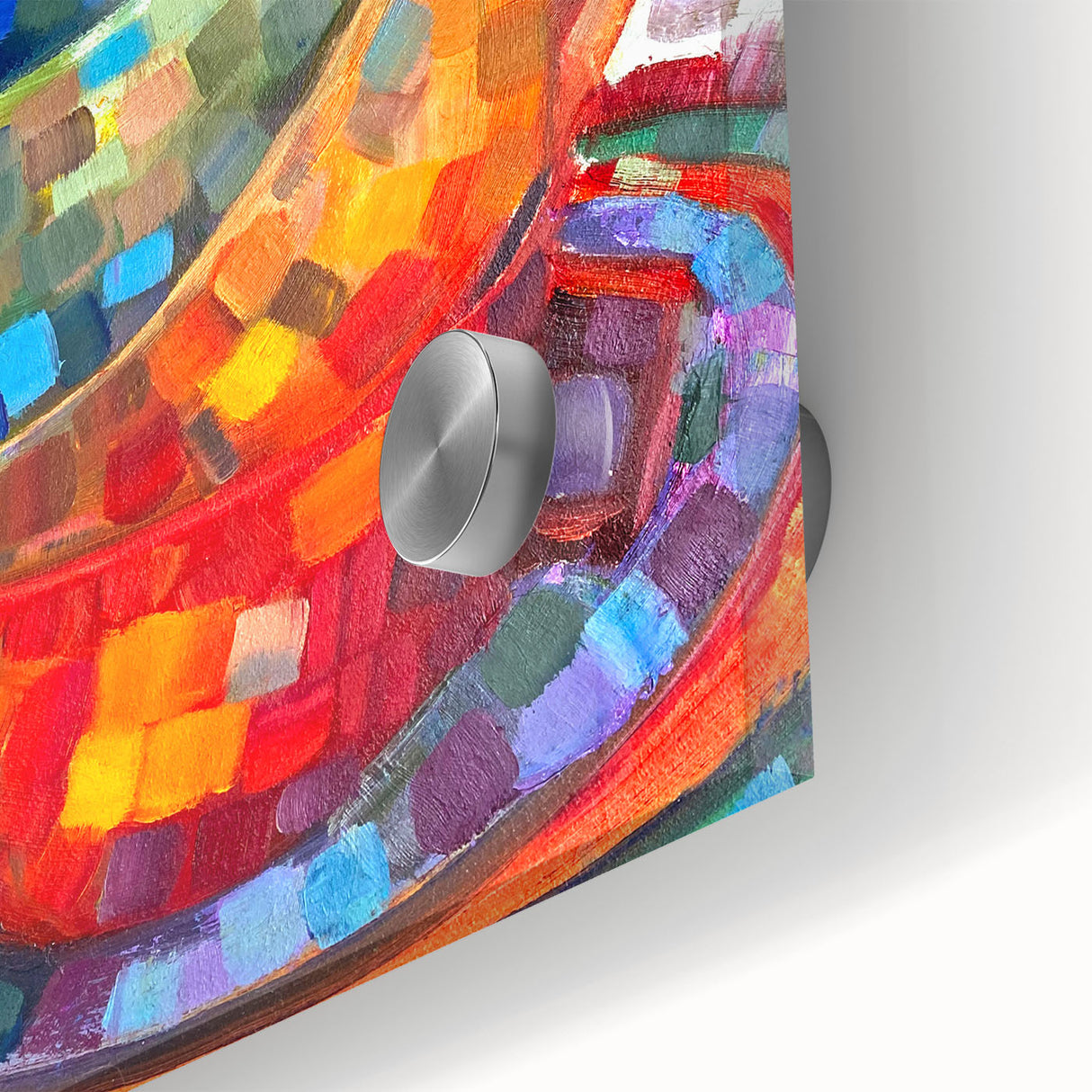 Close-up of an abstract minimalist wall art design featuring vibrant colors and geometric shapes, printed on acrylic glass, showcasing modern aesthetics for home decor.