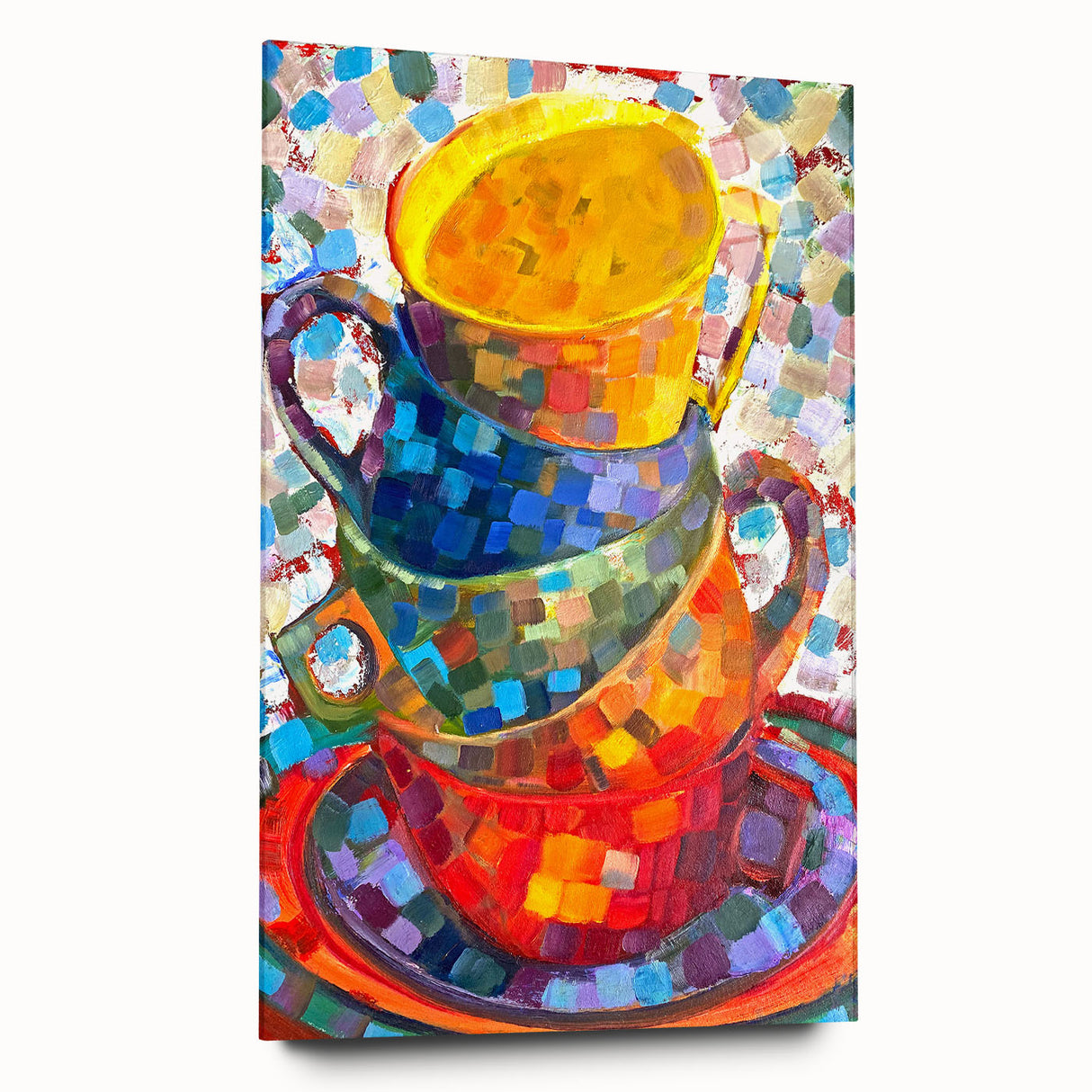 Abstract minimalist wall art design featuring a collection of vibrant colors and geometric shapes displayed in an acrylic glass frame from a side view, highlighting its sleek finish and modern aesthetic. Perfect for contemporary home decor.