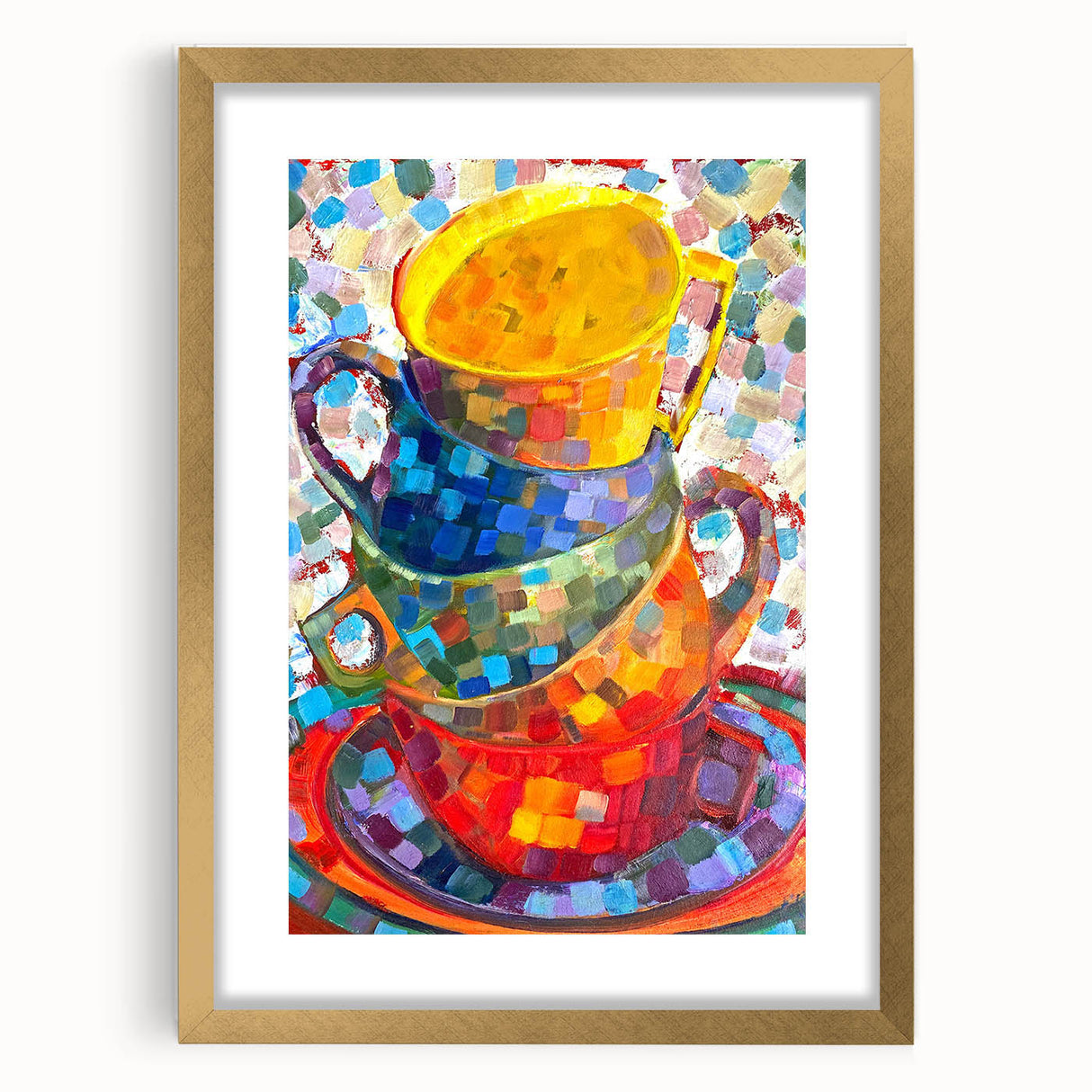 Abstract minimalist wall art featuring a framed design with a gold mat, showcasing soft colors and geometric shapes, perfect for modern home decor.