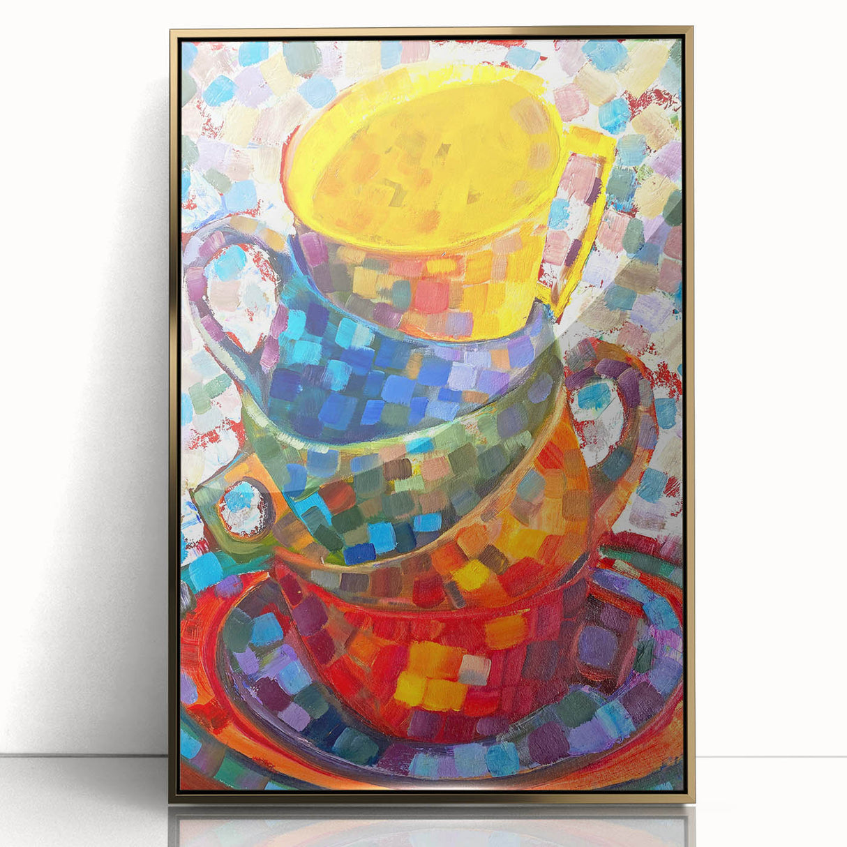 Framed abstract minimalist wall art featuring a gold-accented design, showcasing a sleek acrylic front, ideal for modern home decor or office spaces.