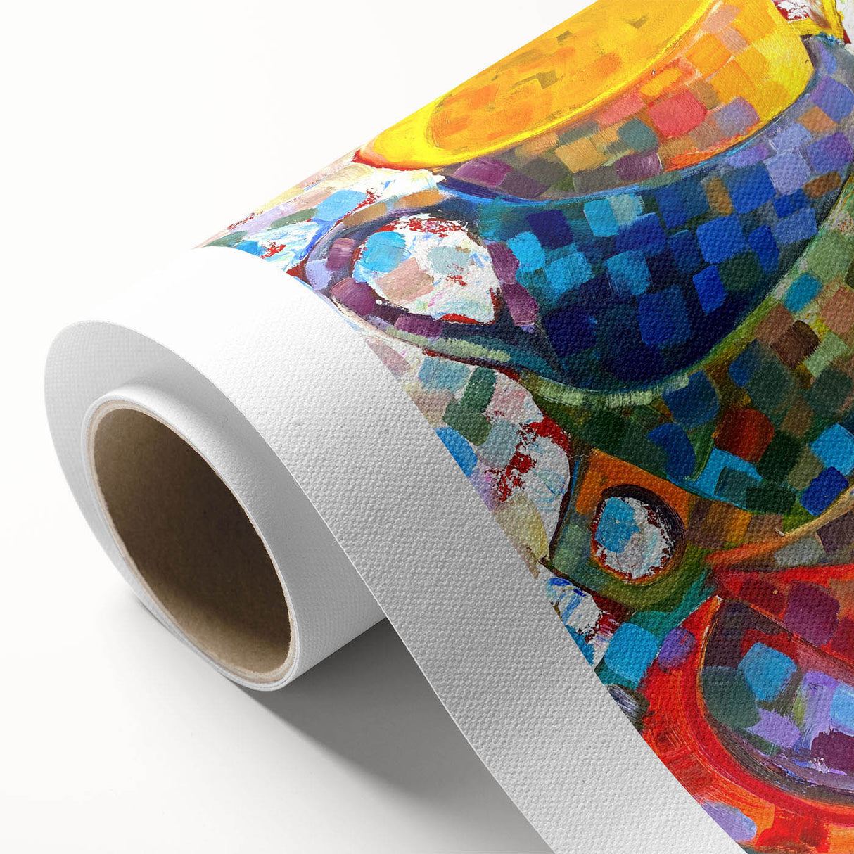 Abstract minimalist design wall art featuring soft pastel colors and geometric shapes on rolled canvas, ideal for modern home decor. Packaged securely in a cardboard tube for safe delivery.