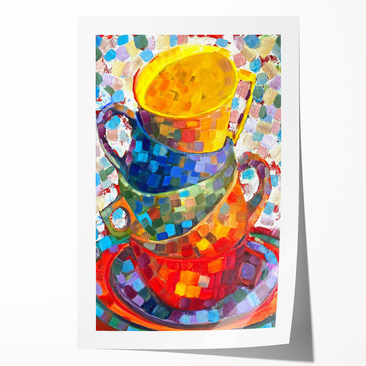 Abstract minimalist wall art print showcasing soft pastel colors and geometric shapes, rolled and ready for display. Ideal for modern home decor aesthetics.