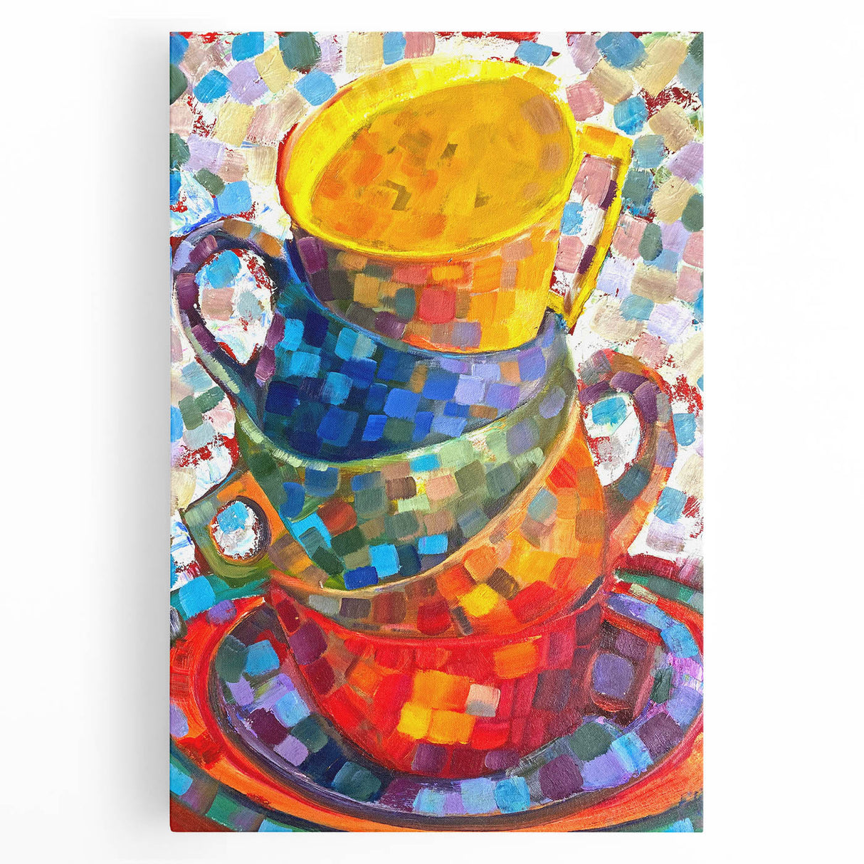 Abstract minimalist wall art piece showcasing a vibrant color palette of blues and yellows, displayed in a gallery setting, perfect for modern home decor.