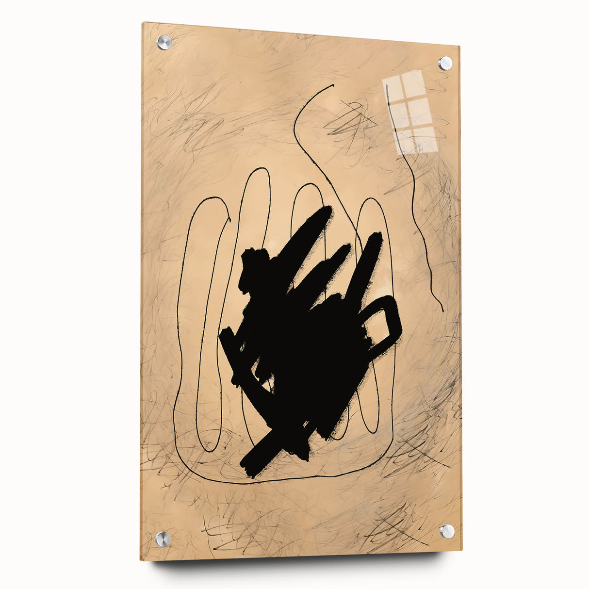 Abstract minimalist wall art collection displayed in acrylic glass, showcasing geometric shapes and soft pastel colors, mounted with decorative pins.