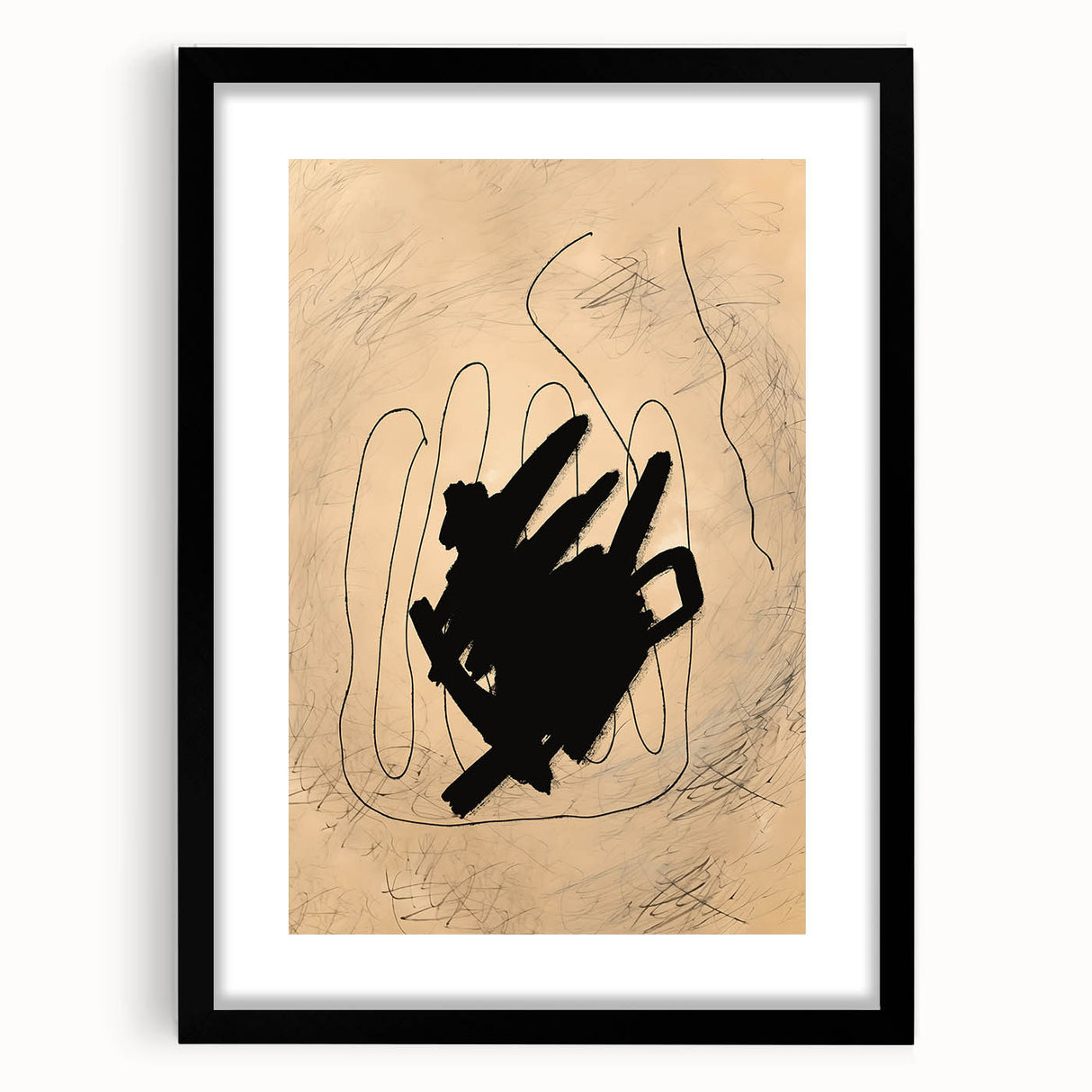Minimalist abstract wall art design in a black frame with matting, showcasing soft colors and geometric shapes for modern decor.