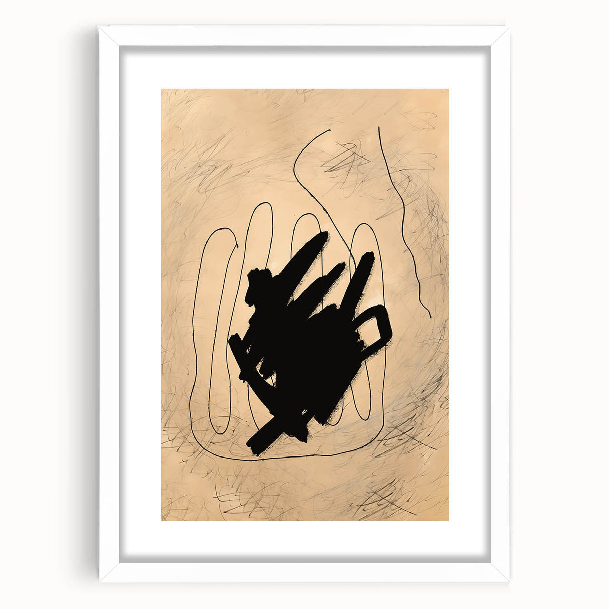 Abstract minimalist wall art collection framed with a white mat, showcasing geometric shapes and soft neutral colors, ideal for modern decor.
