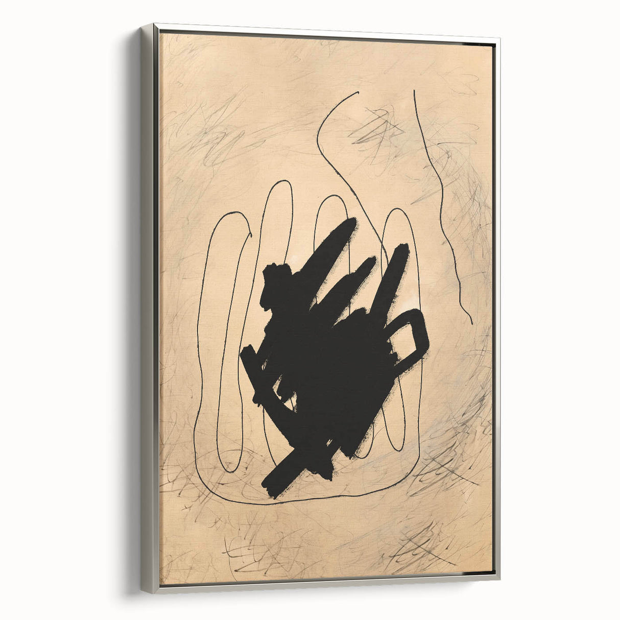 Framed minimalist wall art design showcasing an abstract composition in soft gray tones, featuring a sleek silver frame for modern decor.