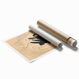 Abstract minimalist wall art print showcasing a vibrant color palette of blue, pink, and gold in a sleek rolled design for modern decor.