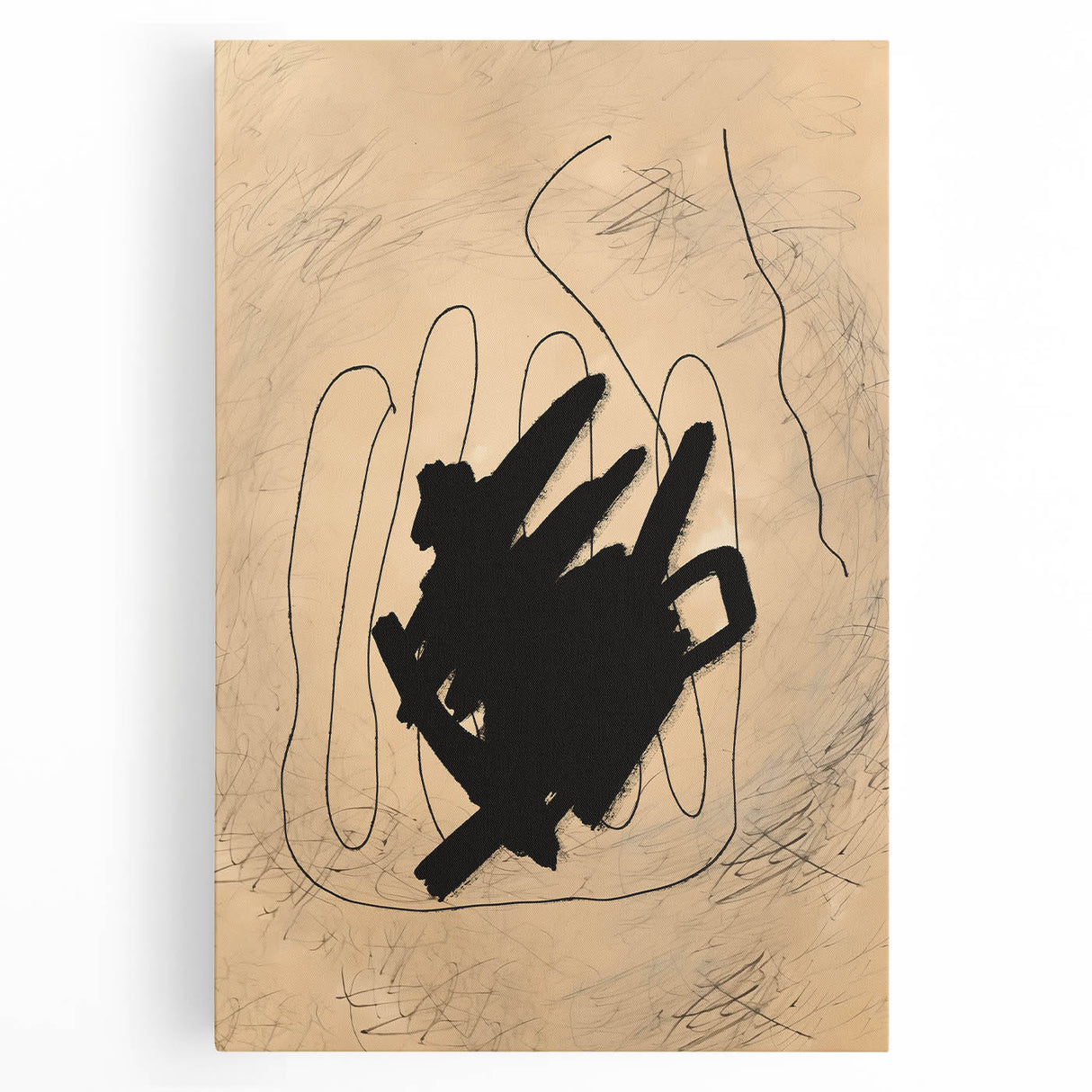 Abstract minimalist wall art featuring a stretched canvas design in soft pastel colors, showcasing geometric shapes and flowing lines, ideal for modern decor.